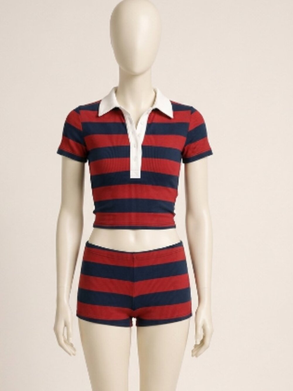 ChicVibe Fashion Striped Crop Top Shorts Set Navy Red M Polo Collar 2 Piece